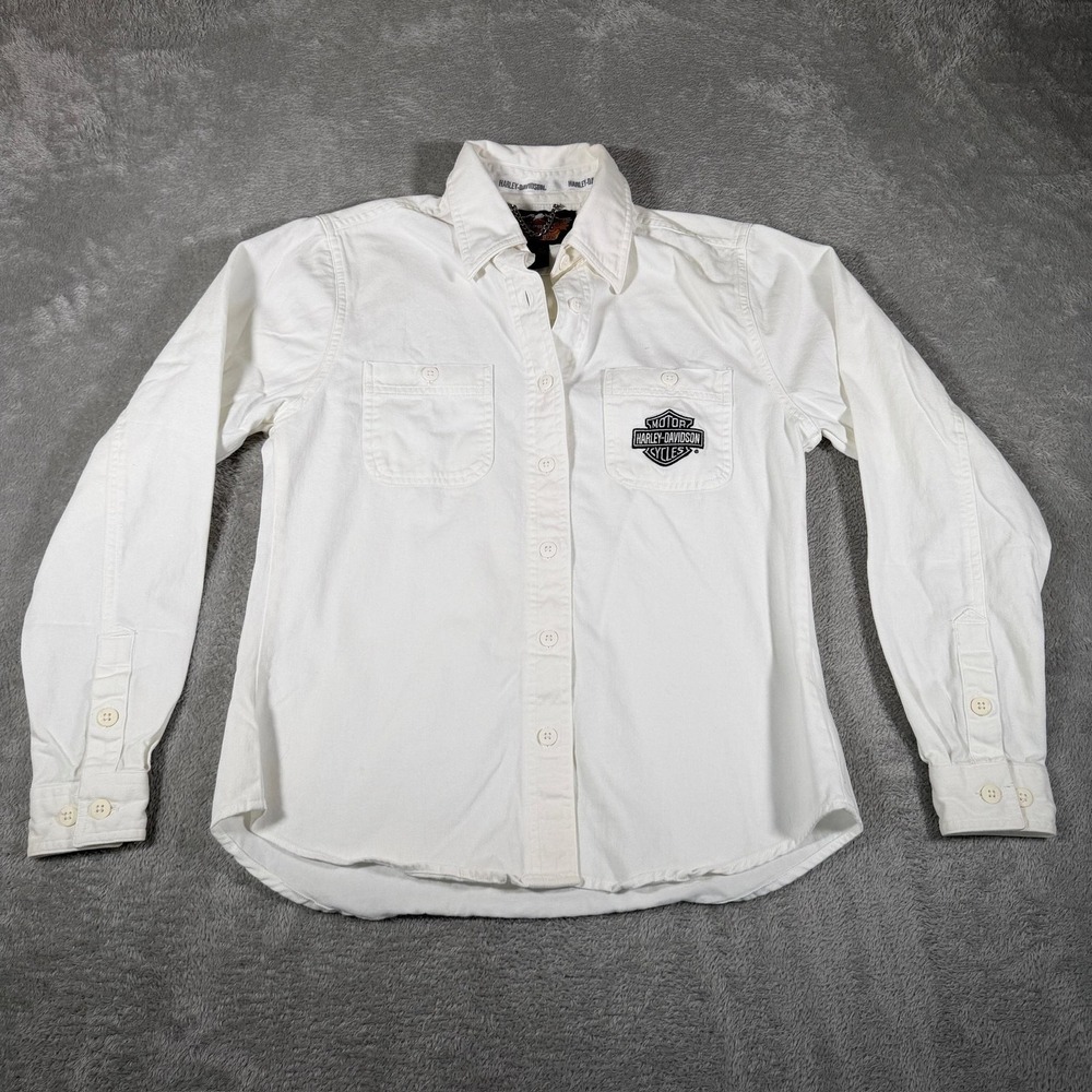 Harley-Davidson Button Up Shirt Womens Small White Embroidered‎ Logo Long Sleeve